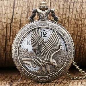 New Eagle Pocket Watch Hollow Flying Hawk Carving Necklace Chain, T1MIS